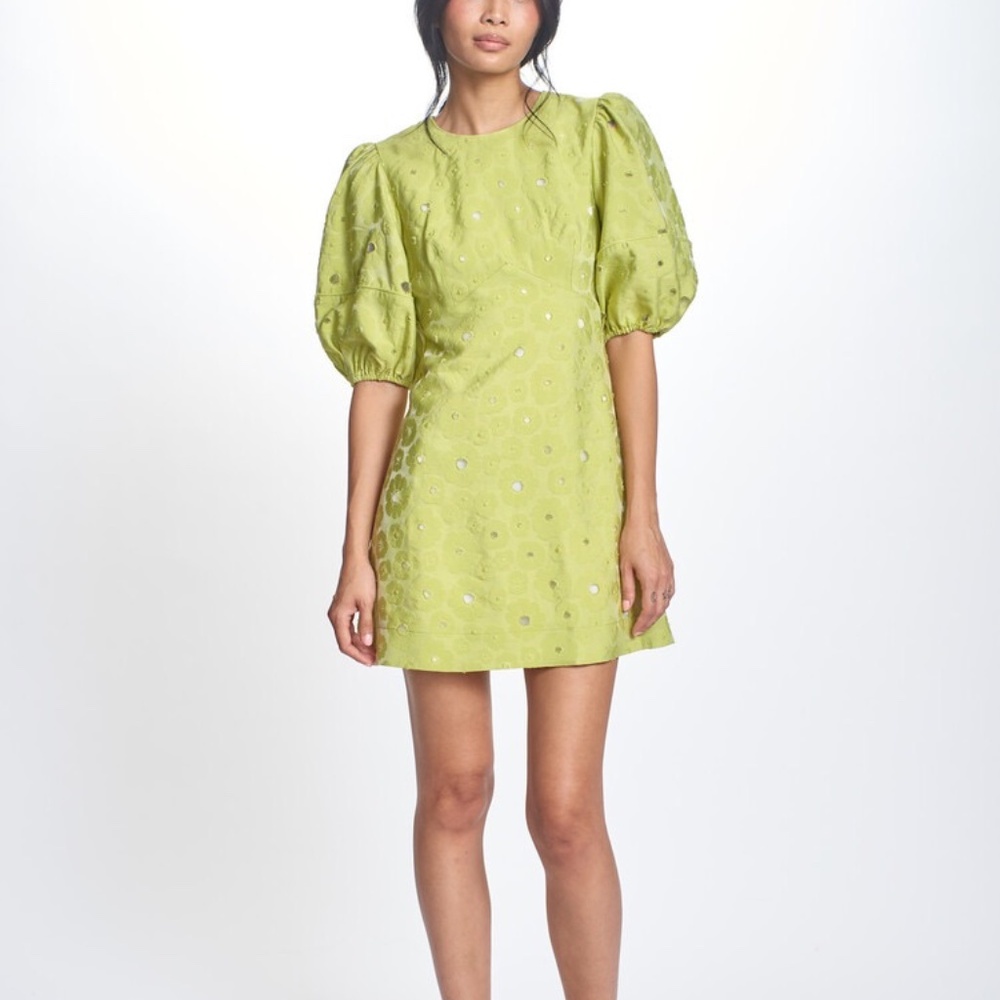 NWT COREY LYNN CALTER Floral Jacquard Cutout Elbow Puff Sleeve Dress Large